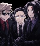  3boys adjusting_eyewear akaza_(kimetsu_no_yaiba) black_background black_gloves black_hair black_jacket black_necktie closed_mouth collared_shirt contemporary douma_(kimetsu_no_yaiba) facial_mark flipped_hair forked_eyebrows formal furrowed_brow gloves hair_between_eyes hamiko_(hakogardenmiko) hand_up highres humanization jacket kimetsu_no_yaiba kokushibou lips long_sleeves looking_at_another looking_at_viewer looking_away looking_over_eyewear male_focus multicolored_eyes multiple_boys necktie one_eye_closed own_hands_together ponytail purple_eyes purple_hair rainbow_eyes red_eyes red_shirt shirt short_hair side-by-side sideways_glance simple_background smile suit sunglasses twitter_username upper_body white_shirt 