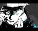  1boy black_jacket blindfold blindfold_lift blue_eyes crossed_fingers gojou_satoru grey_background jacket jujutsu_kaisen lifted_by_self limited_palette looking_at_viewer male_focus shiki_(shiki_no) silver_hair sketch solo 