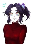  1girl bangs breasts butterfly-shaped_pupils butterfly_hair_ornament hair_ornament hamiko_(hakogardenmiko) highres if_they_mated kimetsu_no_yaiba long_sleeves looking_at_viewer multicolored_eyes pale_skin parted_bangs purple_hair rainbow_eyes red_sweater side_ponytail sidelocks simple_background smile solo sweater symbol-shaped_pupils turtleneck turtleneck_sweater upper_body white_background 
