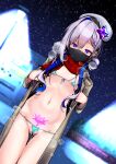  1girl absurdres amane_kanata beret bikini blue_hair coat colored_inner_hair exhibitionism hair_ornament hair_rings hairclip hat highres hololive lamppost long_hair mask micro_bikini midriff mouth_mask multicolored_hair navel open_clothes open_coat pubic_tattoo public_indecency purple_eyes pussy_juice scarf silver_hair snow solo swimsuit tattoo virtual_youtuber yukimi_papino 