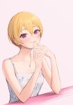  1girl absurdres blonde_hair breasts closed_mouth collarbone dress floral_print hair_between_eyes highres idolmaster idolmaster_shiny_colors jewelry necklace own_hands_together purple_eyes saijou_juri short_hair sjuno small_breasts smile solo spaghetti_strap upper_body 