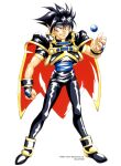  1990s_(style) 1boy bangs black_hair blue_eyes boots bridal_gauntlets cape chip-chan_kick! company_name copyright full_body grin highres male_focus non-web_source official_art orb pointy_ears retro_artstyle short_hair short_sleeves simple_background smile solo standing white_background yanagi_hirohiko 