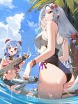  1boy 2girls absurdres ass aunt_and_nephew bangs bare_arms black_swimsuit blue_eyes blue_hair blue_shorts blue_sky blush breasts chongyun_(genshin_impact) cloud cpu crop_top day earrings eyebrows_visible_through_hair flower from_behind from_below ganyu_(genshin_impact) genshin_impact gun hair_flower hair_ornament hair_over_one_eye highleg highres holding holding_gun holding_weapon horns jewelry kawa683 long_hair looking_at_viewer looking_back looking_down medium_breasts micro_shorts multiple_girls one-piece_swimsuit outdoors palm_tree panty_straps parted_lips purple_eyes red_flower sandals sandals_removed see-through shenhe_(genshin_impact) shirt shorts silver_hair sky smile standing striped striped_shirt swimsuit tassel tassel_earrings thigh_strap tree very_long_hair wading water weapon wet white_flower 