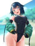 1girl awono_nanaumi black_gloves black_hair black_swimsuit breasts commentary_request competition_swimsuit cowboy_shot elbow_gloves fukami_nana gloves green_eyes green_jacket hair_flaps highleg highleg_swimsuit highres jacket large_breasts looking_at_viewer one-piece_swimsuit open_mouth original round_teeth short_hair smile solo swimsuit teeth upper_teeth 
