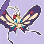  alternate_color beautifly blue_eyes bug butterfly commentary flower grid_background kelvin-trainerk looking_down outline pokemon pokemon_(creature) purple_background red_flower shiny_pokemon solo twitter_username watermark 