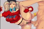  blonde_hair bottomless breasts censored commentary fingerless_gloves fishnet_legwear fishnets gloves green_eyes hetero highres large_breasts long_hair mosaic_censoring no_bra persona persona_5 persona_5:_dancing_star_night pubic_hair sex spooki sweat takamaki_anne twintails 