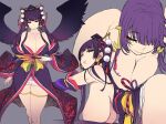  1girl ass bangs bare_shoulders black_background blue_eyes breasts character_sheet cleavage dead_or_alive dead_or_alive_5 detached_sleeves eyeliner hat highres japanese_clothes kimono large_breasts looking_at_viewer makeup mil_(xration) mole mole_under_mouth nyotengu parted_lips purple_hair sash simple_background smile twintails wings 