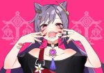  1girl animal_(vocaloid) bandaid bandaid_on_arm bare_shoulders black_nails black_shirt blush bow cat cat_hair_ornament choker collarbone drooling facial_mark fangs flower genshin_impact hair_bow hair_ornament hairclip half-closed_eyes heart heart_choker keqing_(genshin_impact) nail_polish off_shoulder open_mouth pink_background purple_eyes purple_hair red_nails shirt simple_background solo twintails vision_(genshin_impact) zefw4852 