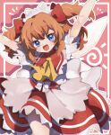  1girl arms_up ascot ayahi_4 back_bow bangs belt blue_eyes blush bow collared_dress commentary_request dress eyebrows_visible_through_hair fairy_wings fang hair_between_eyes hair_bow hands_up headdress highres looking_at_viewer open_mouth orange_hair pink_background puffy_short_sleeves puffy_sleeves red_belt red_bow red_dress shadow shirt short_hair short_sleeves short_twintails smile solo standing sunny_milk tongue touhou twintails white_bow white_shirt wings yellow_ascot 