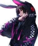  1boy animal_ears animal_hood bangs black_hair black_hoodie black_nails bunny_hood buttons checkered_clothes cross-laced_clothes cross-laced_sleeves fake_animal_ears from_side habatatsuki highres hood hood_up hoodie long_hair long_sleeves looking_at_viewer male_focus nail_polish original pink_ribbon profile puffy_long_sleeves puffy_sleeves rabbit_ears red_eyes ribbon short_hair sideways_glance simple_background solo tongue tongue_out turtleneck upper_body very_long_hair white_background 