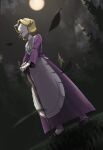  1girl absurdres agatha_(pokemon) apron black_eyes blonde_hair cane commentary_request dress flipped_hair from_below full_body gem highres holding holding_cane leaf leaves_in_wind long_sleeves medium_hair moon night open_mouth outdoors own_hands_together pearl_(gemstone) pokemon pokemon_(game) pokemon_frlg purple_dress purple_footwear shoes sky solo standing sudo_uinaro waist_apron white_apron 