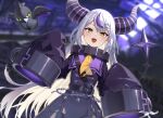  1girl blurry blurry_background chain coat collar commentary_request crow_(la+_darknesss) fangs hair_braid hands_up highres hololive horns kabu_(niniko2ko) la+_darknesss looking_at_viewer metal_collar multicolored_hair o-ring open_mouth purple_coat purple_hair sleeves_past_fingers sleeves_past_wrists solo streaked_hair striped_horns tail two-tone_hair upper_body virtual_youtuber white_hair yellow_eyes 