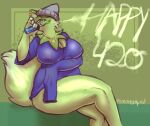  anthro anthrofied big_breasts breasts clothed clothing digital_media_(artwork) domestic_cat drugs felid feline felis female fur green_body green_fur hi_res jewelry jroy101 mammal marijuana nintendo nipple_piercing nipples piercing pok&eacute;mon pok&eacute;mon_(species) shirt simple_background smile smoking solo sprigatito text tiffy_(smuttysquid) topwear vape video_games 