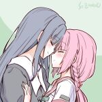  2girls artist_name blue_hair blush braid closed_eyes forehead-to-forehead green_background heads_together long_hair magia_record:_mahou_shoujo_madoka_magica_gaiden mahou_shoujo_madoka_magica multiple_girls nanami_yachiyo pink_hair profile school_uniform serafuku smile studiozombie tamaki_iroha upper_body yuri 