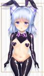  1girl absurdres animal_ears argentum_2o bangs black_legwear blunt_bangs blush bow bowtie breasts chunithm cowboy_shot grey_hair hair_bow heart_pasties highres irodorimidori kobotoke_nagi looking_at_viewer meme_attire navel open_mouth pasties plaid plaid_bow playboy_bunny purple_eyes rabbit_ears reverse_bunnysuit reverse_outfit short_hair small_breasts solo standing striped striped_bow striped_bowtie 