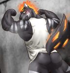  anthro biceps black_body black_fur bottomless butt clothed clothing fire flaming_hair flaming_mane flexing fur furlong_(live-a-hero) hi_res hyaenid lifewonders light_green_(pixiv) live-a-hero male mammal muscular muscular_anthro muscular_male pseudo_hair pseudo_mane solo video_games 