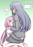  2girls aqua_eyes artist_name ass_grab barefoot between_breasts blue_hair blush braid breasts face_between_breasts gradient gradient_background head_between_breasts heart hug long_hair magia_record:_mahou_shoujo_madoka_magica_gaiden mahou_shoujo_madoka_magica multiple_girls nanami_yachiyo pink_eyes pink_hair school_uniform serafuku sitting spoken_heart straddling studiozombie tamaki_iroha yuri 