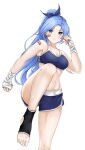  1girl bandages bandaid bandaid_on_cheek bandaid_on_face bandaid_on_shoulder bare_arms bare_legs bare_shoulders black_legwear blue_eyes blue_hair blue_ribbon blue_shorts blush borrowed_character breasts cleavage crop_top dolphin_shorts eyebrows_visible_through_hair foot_out_of_frame foxie30 hair_ribbon hand_up highres long_hair looking_at_viewer medium_breasts midriff minah_(chaesu) original parted_lips ponytail ribbon short_shorts shorts simple_background socks solo sports_bra standing standing_on_one_leg stomach thighs toeless_legwear very_long_hair white_background wrist_wrap 