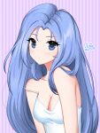  1girl bare_shoulders blue_eyes blue_hair blush borrowed_character breasts camisole cleavage commentary forehead highres long_hair looking_at_viewer medium_breasts minah_(chaesu) original purple_background solo strap_slip striped striped_background upper_body vertical_stripes very_long_hair vickie_(cryingrobot) 