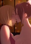  2girls bare_shoulders blonde_hair blue_mary breast_grab breasts brown_hair character_request cleavage closed_eyes collarbone from_side grabbing half-closed_eyes highres imminent_kiss kuroneko_pantsu large_breasts multiple_girls nude open_mouth profile red_eyes short_hair the_king_of_fighters yuri 