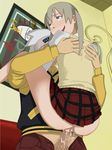  ahegao ass blonde_hair censored clothed_sex cum fucked_silly green_eyes happy_sex held_up ice_place maka_albarn orgasm painting school_uniform sex skirt skirt_lift smile soul_eater soul_eater_(character) soul_eater_evans sweater vaginal white_hair 
