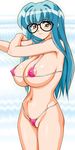  bb bikini blush breasts cameltoe cleavage cyberdoll_kei female glasses gradient gradient_background green_hair hand_maid_may highres large_breasts nipples smile solo swimsuit white_background yellow_eyes 