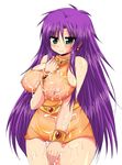  1girl afuro bare_shoulders big_breasts blush breasts bukkake cosplay cum cum_on_arms cum_on_body cum_on_breasts cum_on_clothes cum_on_legs cum_on_lower_body cum_on_upper_body earrings facial faris_scherwiz female final_fantasy final_fantasy_v green_eyes jewelry large_breasts lenna_charlotte_tycoon lenna_charlotte_tycoon_(cosplay) long_hair panties pantyshot purple_hair see-through sideboob solo sweat underwear white_panties wristband 