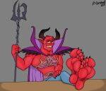  2018 absurd_res artist_name bedroom_eyes cape claws clothing demon digital_media_(artwork) disney doritohead dot_eyes feet feet_up fingers foot_focus grey_background hi_res horn humanoid humanoid_pointy_ears looking_at_viewer male melee_weapon muscular muscular_humanoid muscular_male narrowed_eyes not_furry polearm red_body red_skin saitine seductive signature simple_background simple_eyes sitting smile solo teeth toes trident weapon wreck-it_ralph yellow_sclera 