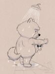  2022 4_fingers anthro bathing belly blush canid canine canis corgi_(artist) dogs_in_space domestic_dog fingers flaccid genitals hi_res humanoid_hands jerry_(dogs_in_space) male mammal penis sketch slightly_chubby solo 