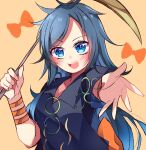  1girl arm_ribbon arm_strap back_bow blue_eyes blue_hair bow breasts cleavage fang gold grey_shirt highres himemushi_momoyo holding holding_pickaxe jewelry long_hair meimei_(meimei89008309) messy_hair one-hour_drawing_challenge open_mouth orange_bow orange_ribbon outstretched_hand pickaxe ribbon ring shirt short_sleeves simple_background small_breasts touhou upper_body yellow_background 