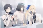  1girl 2boys ahoge artoria_pendragon_(caster)_(fate) artoria_pendragon_(fate) black_gloves black_hair black_shirt blonde_hair blue_bow blue_eyes bow buttons chair chopsticks closed_eyes clothing_cutout command_spell commentary cup_noodle cup_ramen diamond_hairband dress eating facial_mark fate/grand_order fate_(series) food forehead_mark fujimaru_ritsuka_(male) fujimaru_ritsuka_(male)_(decisive_battle_chaldea_uniform) gloves green_eyes hair_bow hair_ornament highres holding holding_chopsticks indoors insect_wings jacket long_hair long_sleeves looking_at_another multiple_boys ne_f_g_o noodles oberon_(fate) open_mouth shirt short_hair sitting spoilers table very_long_hair white_dress white_jacket white_shirt wide_sleeves wings 