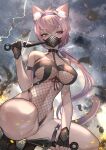  1girl animal_ear_fluff animal_ears black_gloves bodysuit breasts cat_ears cat_girl dagger dual_wielding embers eyebrows_visible_through_hair fingerless_gloves fishnet_bodysuit fishnets glint gloves hairband highres hitowa holding holding_weapon knife kunai large_breasts licking licking_lips lightning long_hair mask mouth_mask navel ninja original pink_eyes pink_hair pink_hairband revealing_clothes solo squatting tail thighs tongue tongue_out weapon 