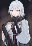  1girl absurdres bangs blood blood_on_clothes blood_on_face breasts character_name commentary_request dated eyebrows_visible_through_hair girls&#039;_frontline gloves gun highres long_sleeves looking_at_viewer machine_gun parted_lips purple_eyes rpk-16 rpk-16_(girls&#039;_frontline) ruoyun short_hair signature silver_hair smile solo tactical_clothes upper_body weapon 