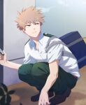  akiyama_(noconoco) bag baggy_pants bakugou_katsuki bangs belt blonde_hair boku_no_hero_academia epaulettes full_body holding holding_phone loafers no_neckwear pants partially_unbuttoned phone red_belt red_eyes school_bag school_uniform shoes short_hair short_sleeves spiked_hair squatting text_messaging u.a._school_uniform 