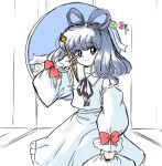  1980s_(style) 1girl bangs black_ribbon blue_eyes blue_hair blue_shirt blue_skirt blush bow closed_mouth collared_shirt hair_ornament hair_rings hair_stick happy kaku_seiga long_sleeves medium_hair one-hour_drawing_challenge red_bow retro_artstyle ribbon round_window shirt sketch skirt smile takemoto_izumi_(style) touhou window z67y97t87gyihy 