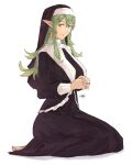  1girl absurdres alternate_costume bangs barefoot black_dress breasts closed_mouth commentary dress english_commentary eyebrows_visible_through_hair fingernails fire_emblem fire_emblem_awakening full_body green_eyes green_hair habit hair_between_eyes highres large_breasts lips long_hair looking_at_viewer nun own_hands_together pink_lips pointy_ears sakuremi seiza sidelocks signature simple_background sitting smile solo tiki_(fire_emblem) veil white_background 