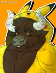  absurd_res anthro blep bovid bovine cattle hi_res horn icon kigurumi kuma_richards male mammal muscular pikachu_hoodie smile solo tongue tongue_out 