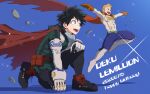  2boys akiyama_(noconoco) bangs belt black_background blonde_hair blue_eyes bodysuit boku_no_hero_academia boots cape costume drop_shadow freckles full_body gloves green_eyes green_hair green_jumpsuit jumpsuit knee_boots male_focus mask mask_around_neck mask_removed midoriya_izuku mouth_mask multiple_boys muscular muscular_male number_pun quiff red_cape red_footwear red_gloves short_hair sparkle togata_mirio toned toned_male utility_belt white_footwear white_gloves 