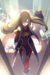  1girl bare_shoulders blue_eyes blurry blurry_background boots brown_hair detached_sleeves dress echo_(circa) gloves hair_over_one_eye high_collar long_hair open_mouth outstretched_arm red_legwear tales_of_(series) tales_of_the_abyss tear_grants white_gloves 