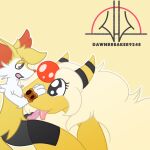  ampharos anthro blonde_hair braixen dawnthemetamon duo female feral hair hi_res horn larger_female licking male male/female mega_ampharos mega_evolution myrrhia nintendo oral pok&eacute;mon pok&eacute;mon_(species) size_difference tongue tongue_out video_games yellow_body 