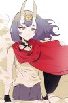  1girl absurdres black_gloves cape closed_mouth collarbone ddari dust dust_cloud expressionless eyeshadow fate_(series) gloves highres horns makeup medium_hair oni oni_horns purple_eyes purple_hair red_cape red_eyeshadow short_eyebrows shuten_douji_(fate) solo standing 