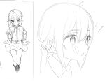  1girl ^^^ ahoge arknights bangs blush character_request closed_mouth collared_shirt eyebrows_visible_through_hair greyscale hair_between_eyes hair_over_shoulder jacket kneehighs long_hair long_sleeves looking_away low_ponytail monochrome multiple_views necktie no_shoes off_shoulder open_clothes open_jacket parted_lips pleated_skirt ponytail puffy_long_sleeves puffy_sleeves shirt sitting skirt sleeves_past_wrists tetuw white_background 