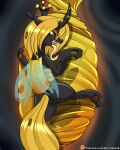  absurd_res arthropod black_body blonde_hair changeling crown fan_character female feral friendship_is_magic hair half-closed_eyes hasbro hi_res horn long_tongue my_little_pony narrowed_eyes notched_wings novaspark patreon signature solo tongue wings yellow_eyes yellow_tail 