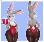  2022 absurd_res an-tonio anthro camel_toe clothed clothing digital_media_(artwork) disney eyebrows eyelashes female fingers hi_res judy_hopps lagomorph leporid long_ears looking_at_viewer looking_back mammal open_mouth pink_nose purple_eyes rabbit rear_view simple_background zootopia 