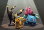  2019 ambiguous_gender being_watched claws clothing container cup detective_pikachu eeveelution feral group hat headgear headwear hi_res holding_cup holding_object ivysaur leaf looking_at_another ningukt nintendo open_mouth pikachu pok&eacute;mon pok&eacute;mon_(species) red_eyes semi-anthro trio umbreon video_games 