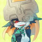  2014 armor breasts featureless_breasts female fingers headgear helmet humanoid humanoid_pointy_ears imp midna ningukt nintendo open_mouth open_smile red_eyes simple_background smile solo the_legend_of_zelda twili twilight_princess video_games 