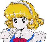  1980s_(style) black_eyes blonde_hair blue_dress bow bowtie collared_dress commentary_request dress face maid maid_headdress mugetsu_(touhou) puffy_short_sleeves puffy_sleeves red_bow red_bowtie retro_artstyle short_hair short_sleeves simple_background takemoto_izumi_(style) touhou touhou_(pc-98) white_background z67y97t87gyihy 