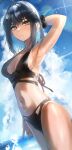  1girl absurdres arm_up beach bikini black_bikini black_swimsuit blue_hair breasts cleavage cloud cloudy_sky earrings hair_ornament hairpin highres in_water irene_(kanniiepan) jewelry kanniiepan looking_at_viewer medium_breasts mole mole_on_breast mole_under_eye navel original scrunchie shiny shiny_skin skinny sky solo sunlight swimsuit thighs water yellow_eyes 