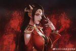  1girl black_hair cai_lin_(doupo_cangqiong) doupo_cangqiong dress from_side hair_ornament hand_in_own_hair highres long_hair mei_du_sha_nuwang_zhuye red_dress red_nails solo upper_body weibo_logo 