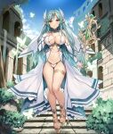  1girl bare_shoulders blue_hair breasts cleavage evertale full_body hand_on_own_chest high_heels highres holding large_breasts long_hair looking_at_viewer navel open_mouth pointy_ears smile solo thighs yellow_eyes 